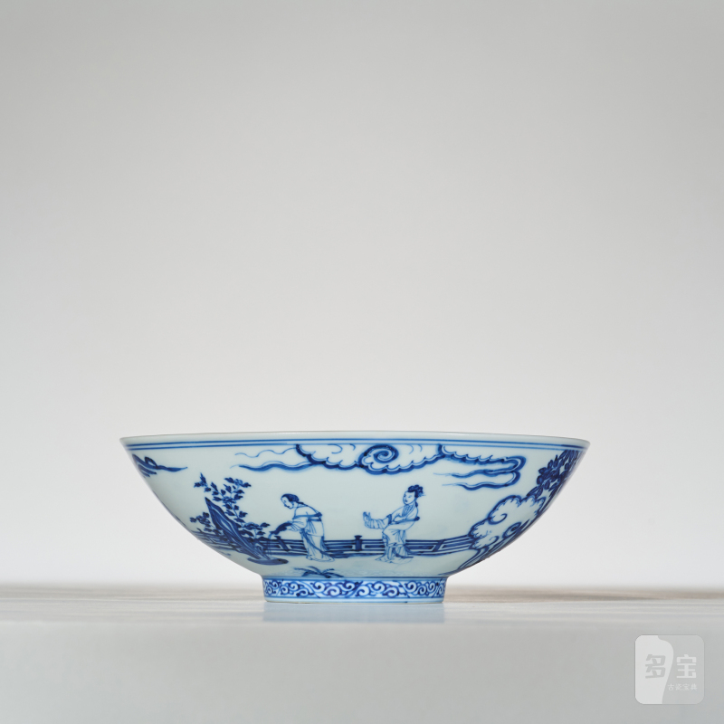 清康熙 仿宣窑青花瑶台赏月图大碗 - 图8